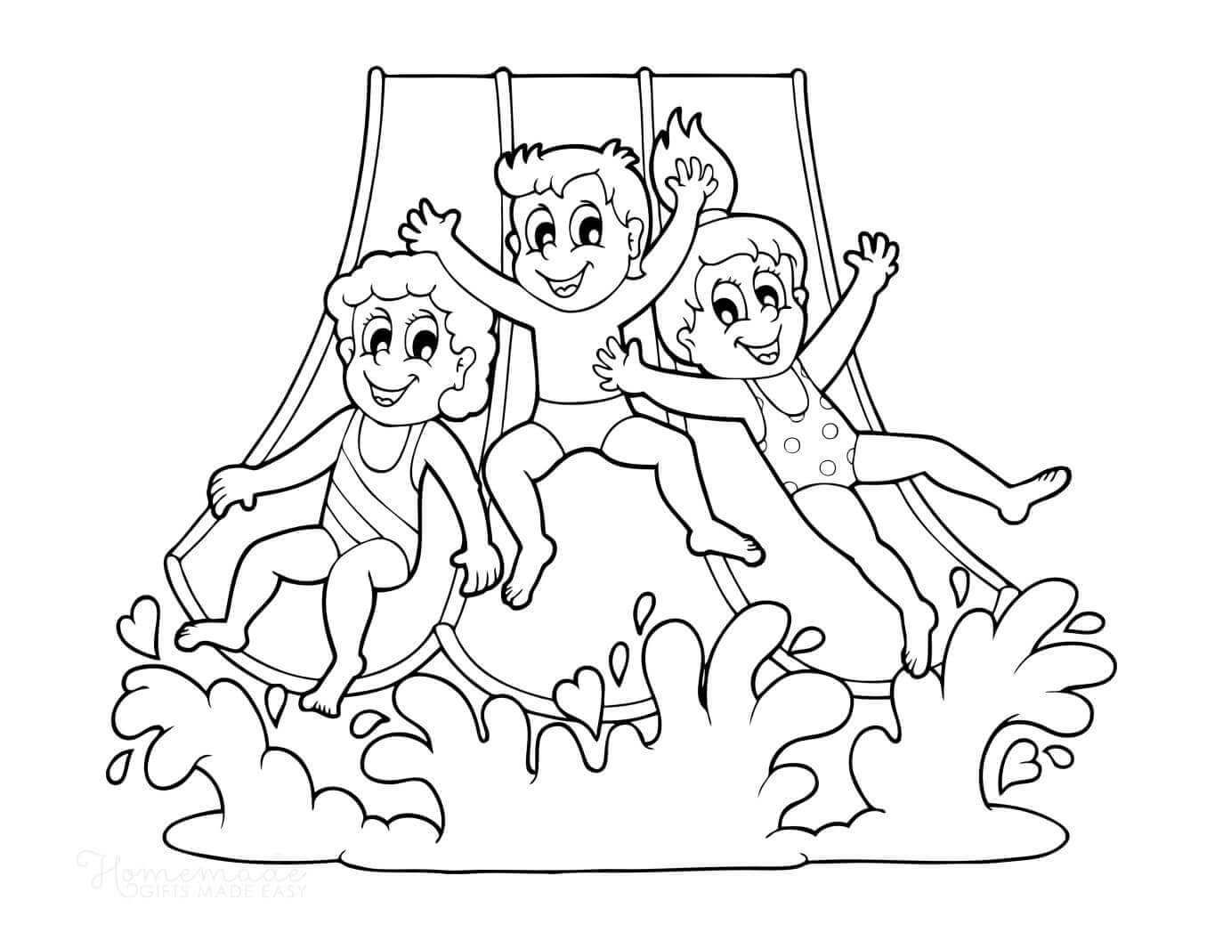 Three kids swimming coloring page