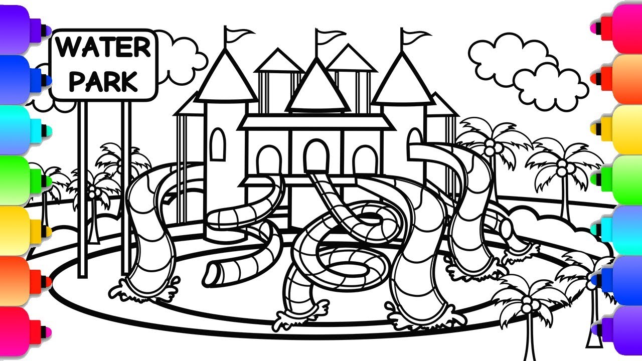 Learn how to draw a waterpark with slides and a castle amusement park coloring pages ððð