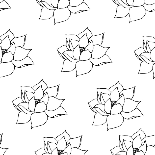 Premium vector vector seamless pattern with lotus flowers and buds illustrations of a water lily in black and white graphics silhouettes background for scrapbooking paper textiles packaging covers