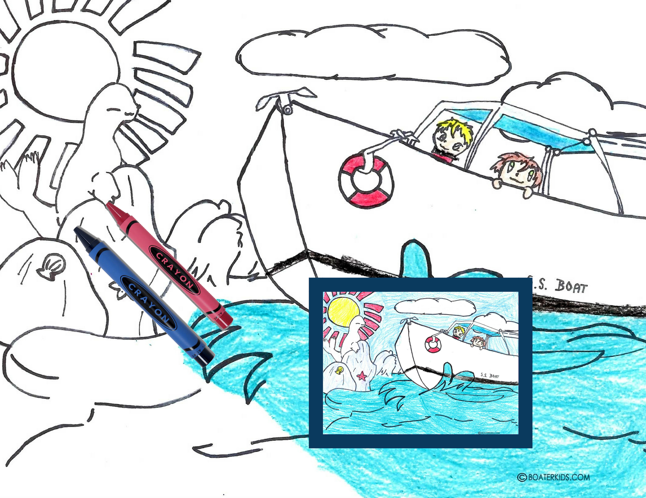 Boating printable coloring page for kids splashing water