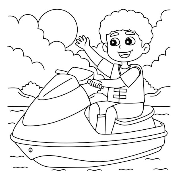 Premium vector a cute and funny coloring page of a boy riding a jet ski provides hours of coloring fun for children color this page is very easy suitable for little