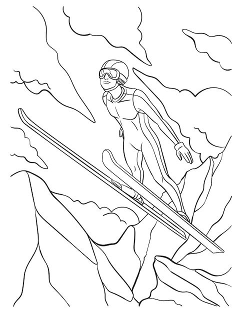 Premium vector ski jumping coloring page for kids