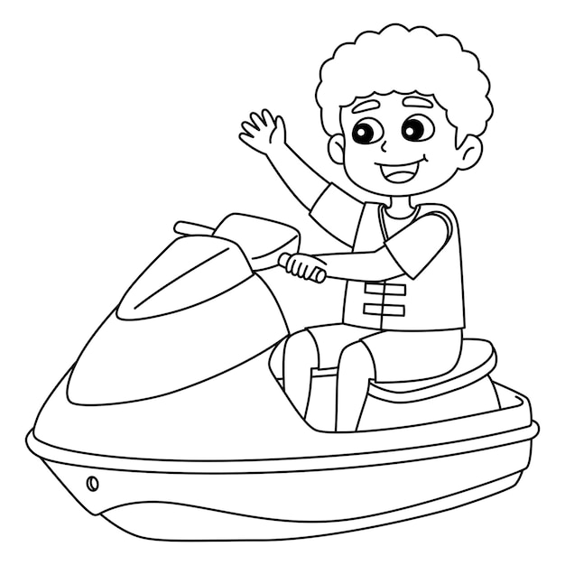 Premium vector a cute and funny coloring page of a boy riding a jet ski provides hours of coloring fun for children color this page is very easy suitable for little