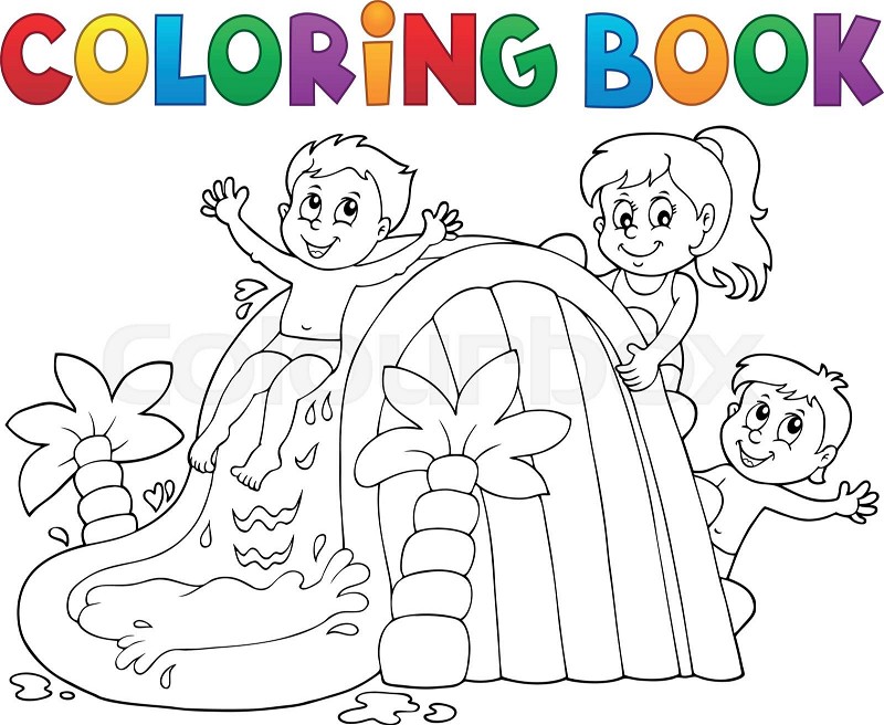 Coloring book kids on water slide stock vector