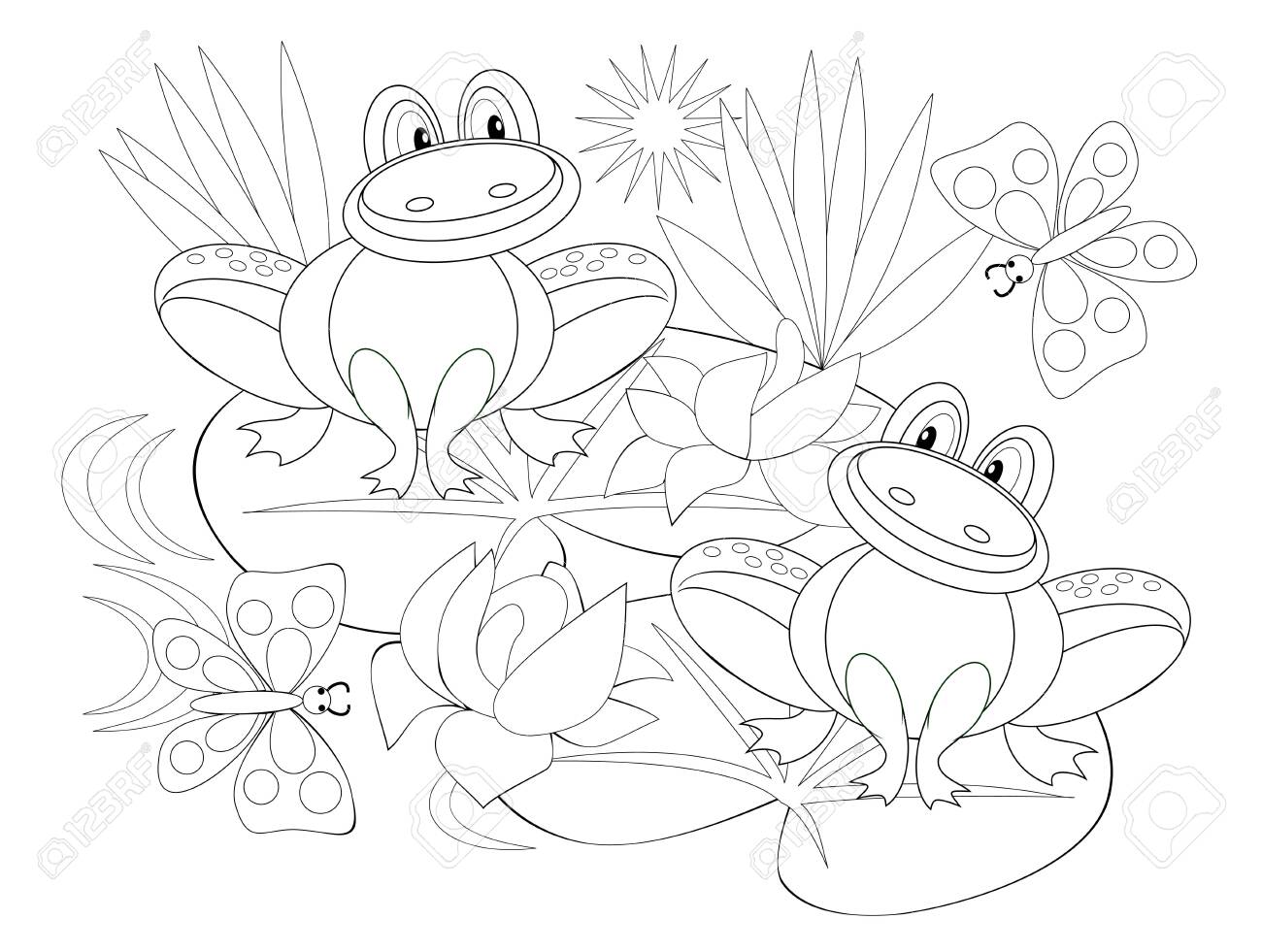 Black and white page for baby coloring book illustration of two cute frogs in a swamp with water lilies printable template for kids worksheet for children and adults hand