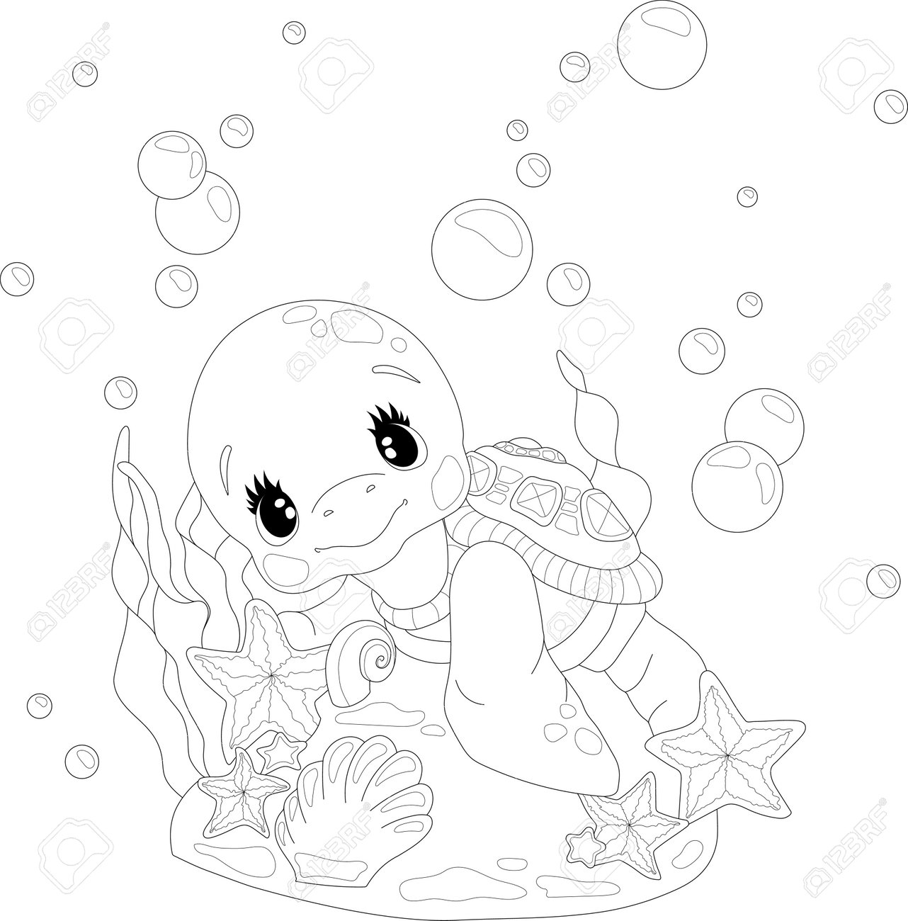 Cartoon turtle with bubbles under water sketch template vector illustration in black and white for games background pattern decor coloring paper page story book print royalty free svg cliparts vectors and stock