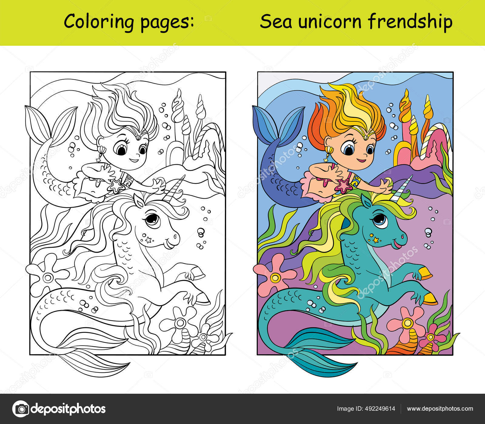 Coloring and color swimming unicorn and mermaid stock vector by alinart