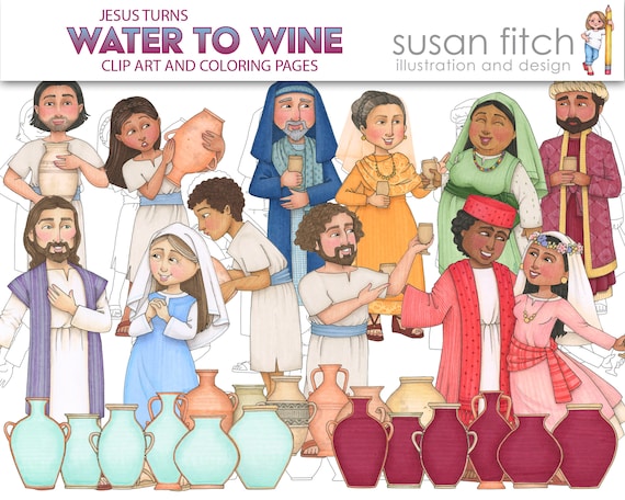 Jesus turns water to wine clip art coloring pages