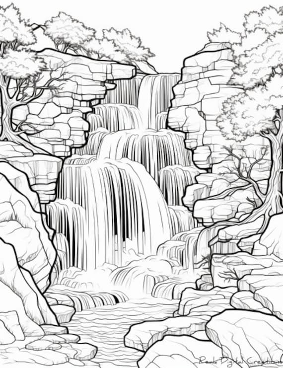 Magical waterfall coloring page printable