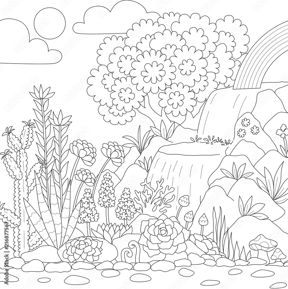 Line art of waterfall with beautiful flowers for coloring book page vector illustration vector