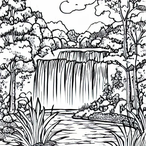 A grayscale adult coloring page of a waterfall in the stable diffusion