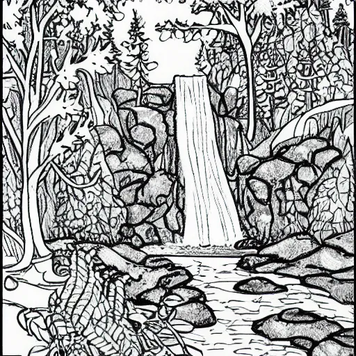 An adult coloring page of a waterfall in the enchanted stable diffusion