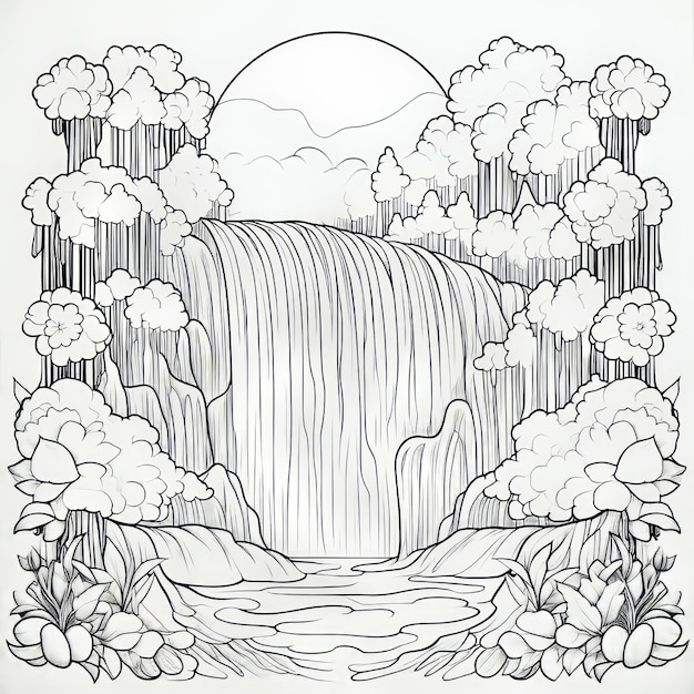 Premium ai image moon scene with cascading waterfall coloring page