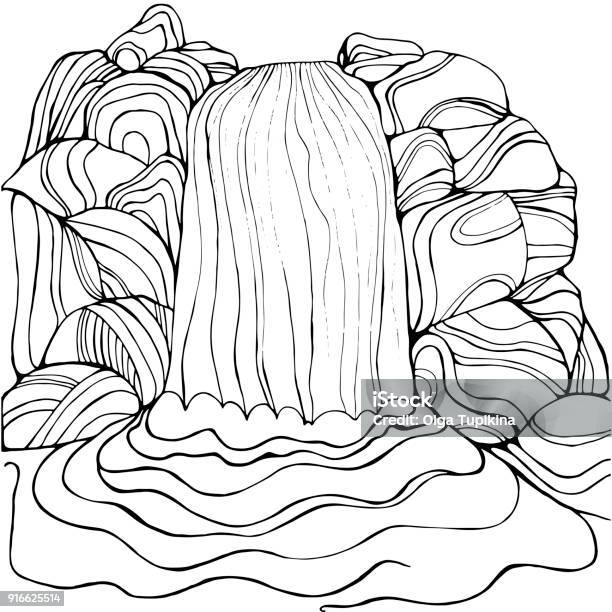 Waterfall coloring page for children and adults stock illustration