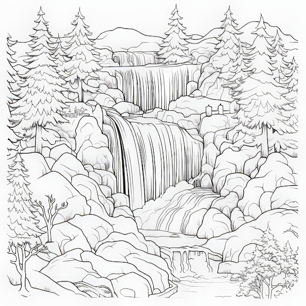 Premium ai image snow scene coloring page with cascading waterfall