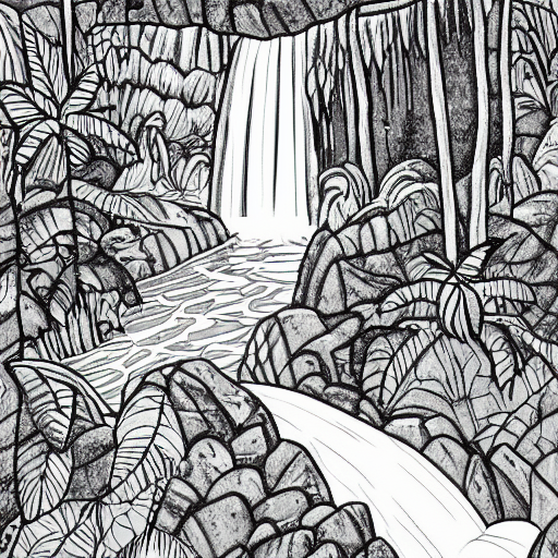 A grayscale adult coloring page of a waterfall in the enchanted forest