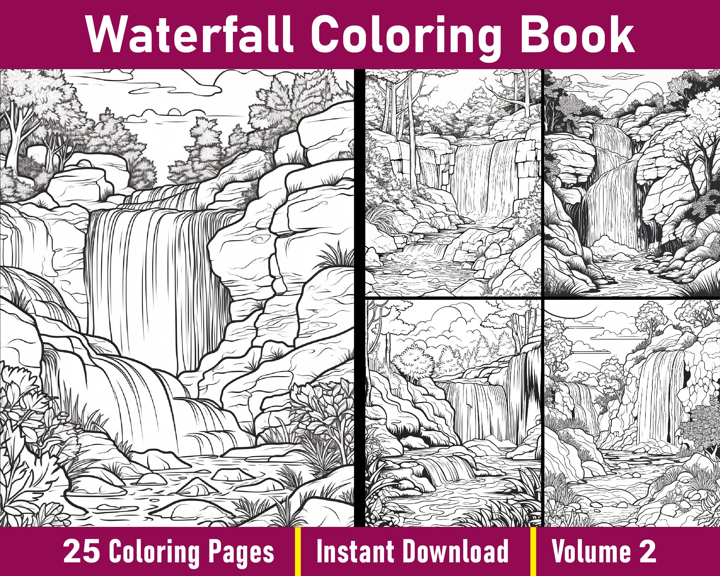 Waterfall coloring book volume printable adult coloring pages grayscale colouring book digital instant download printable pdf file