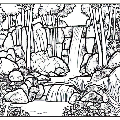 An adult coloring page of a waterfall in the enchanted forest