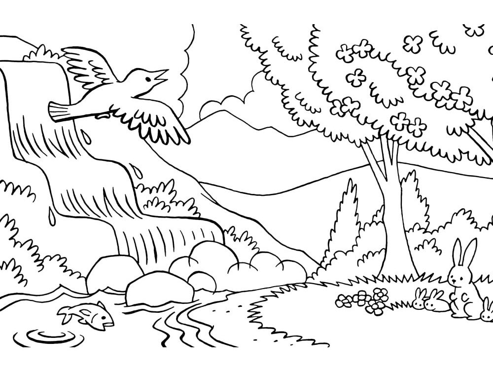 Spectacular view of a waterfall coloring page