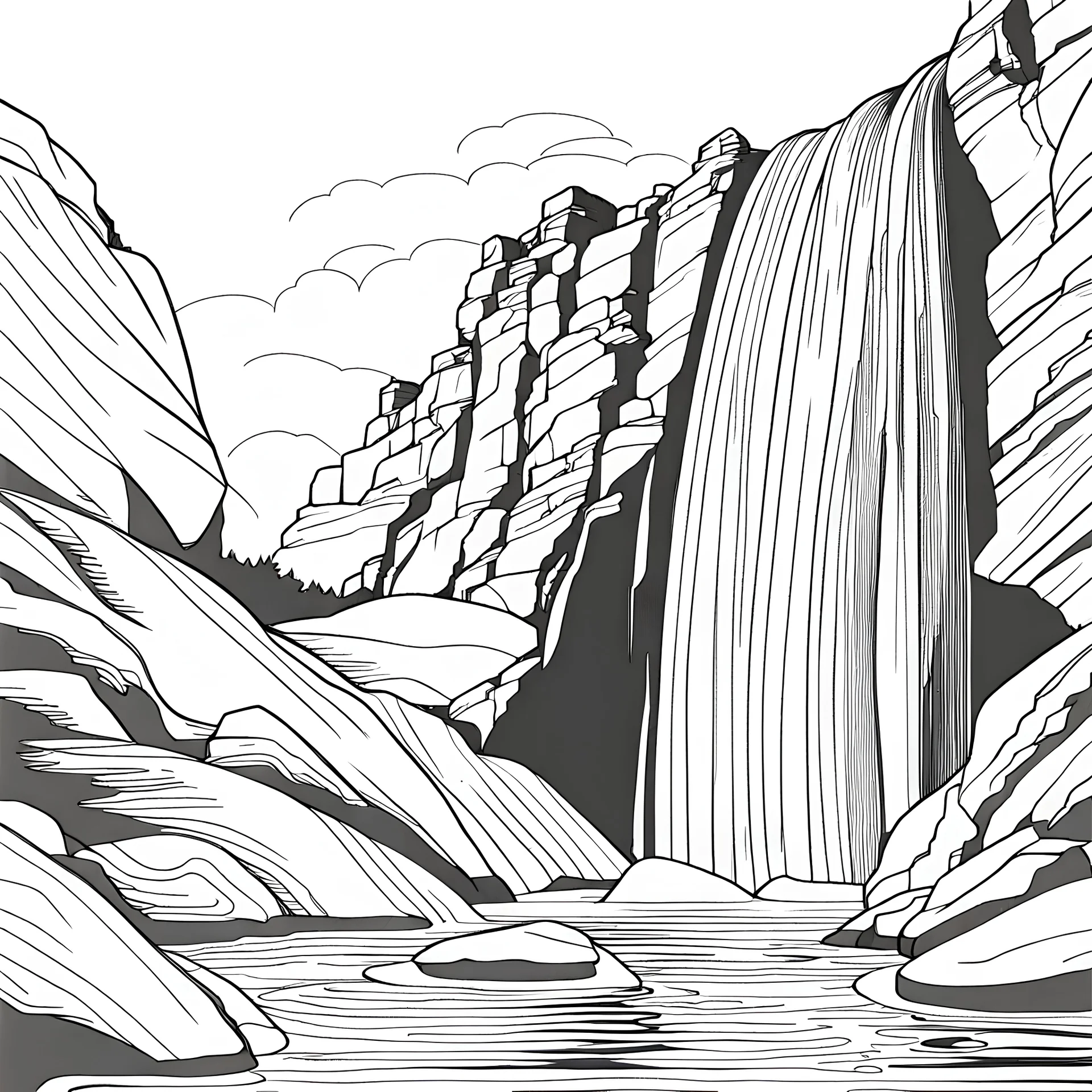 A coloring page of a breathtaking waterfall cascad gallery