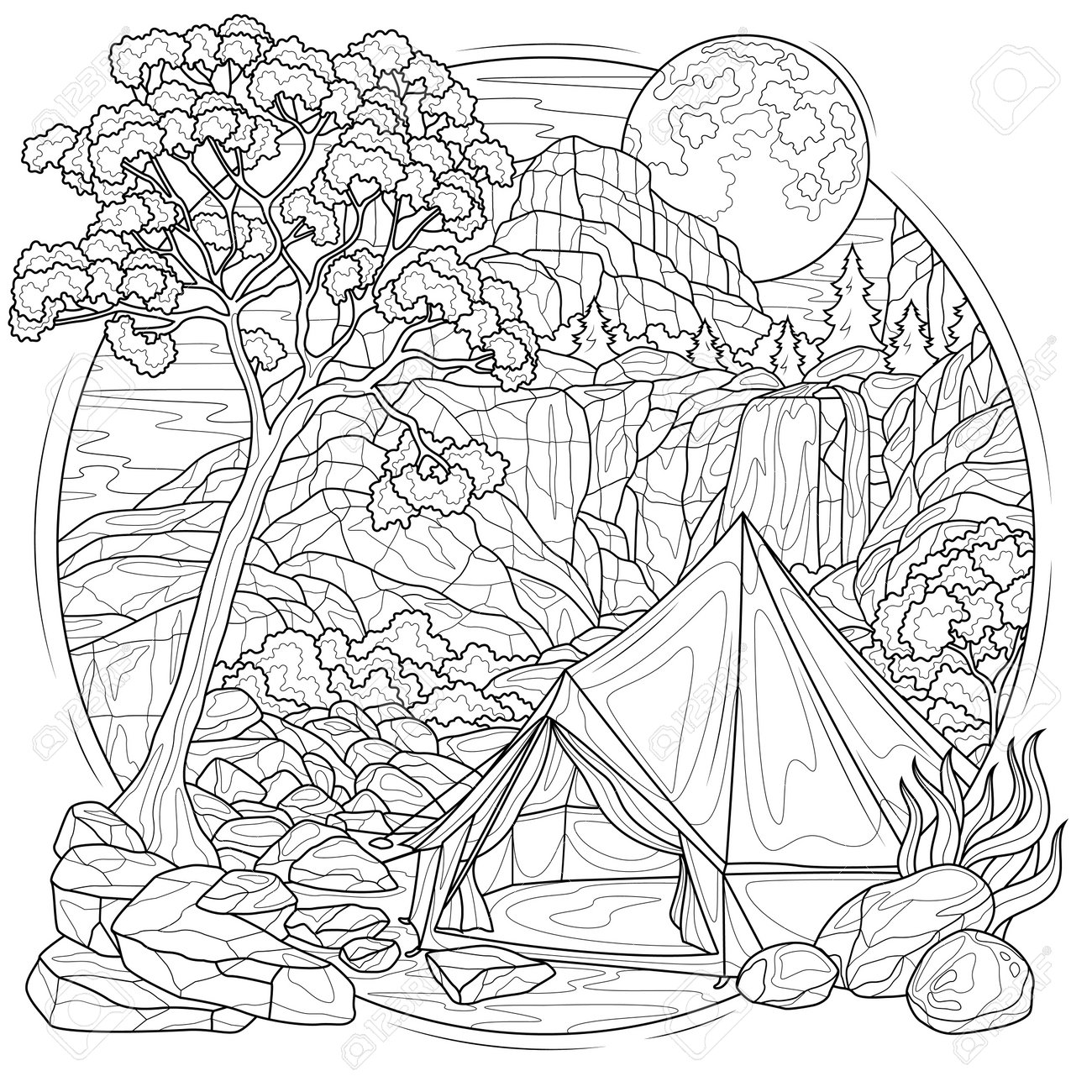 Camping at the waterfallcoloring book antistress for children and adults royalty free svg cliparts vectors and stock illustration image