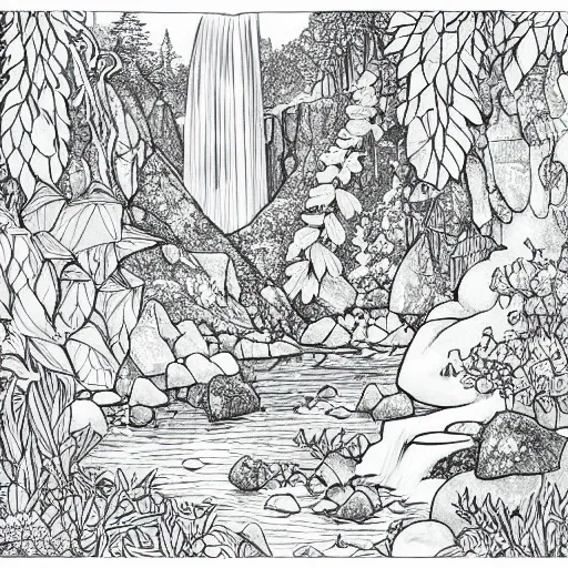 An adult coloring page of a waterfall in the enchanted stable diffusion