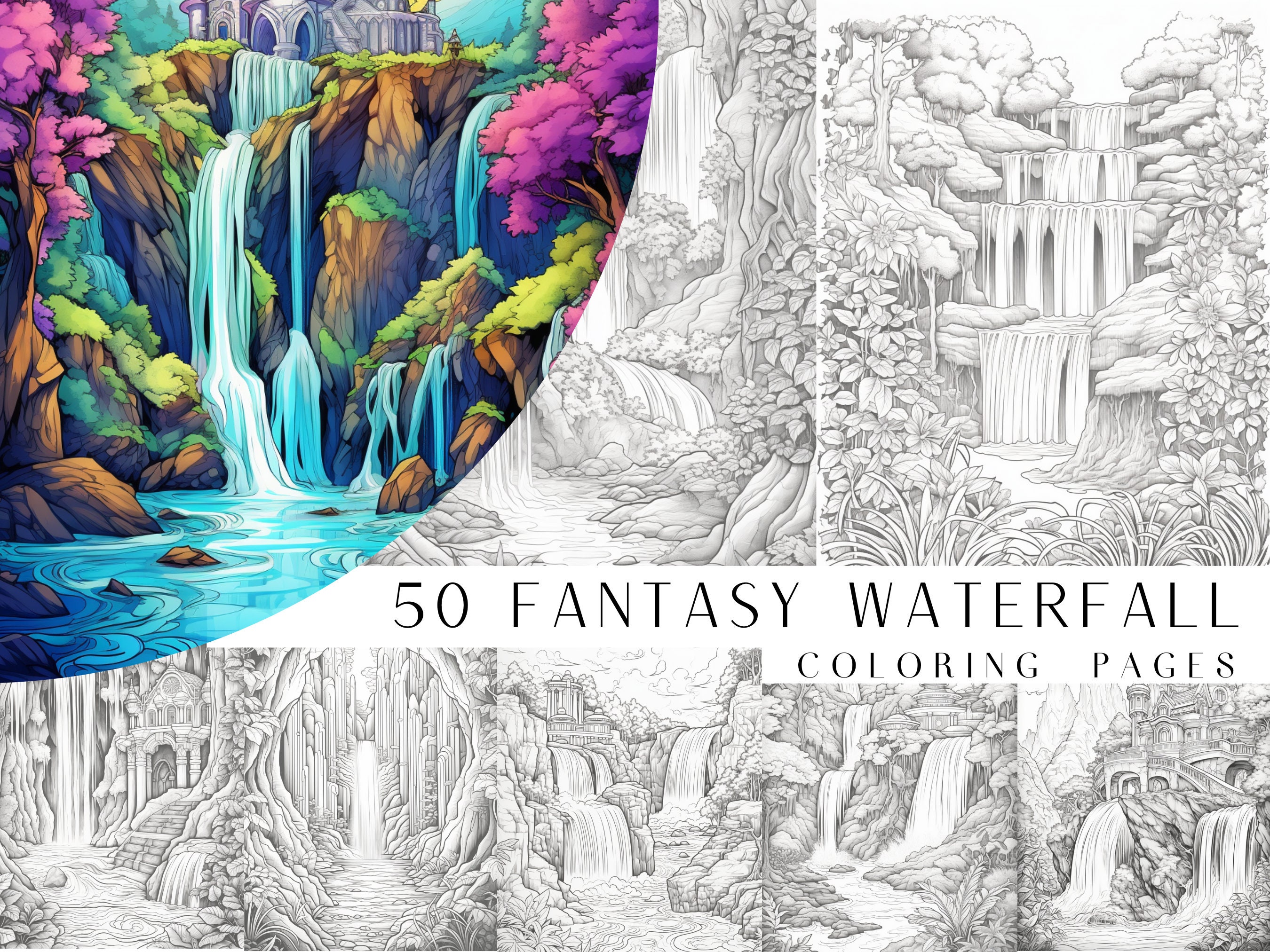 Fantasy waterfall coloring pages adult and kids coloring book fantasy coloring sheets instant download printable pdf file