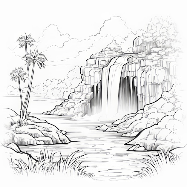 Premium ai image ocean scene with cascading waterfall coloring page