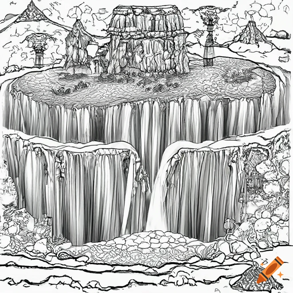 Design a floating island with a majestic waterfall at its center populate the island with magical critters of your choice and create intricate patterns and details for coloring on