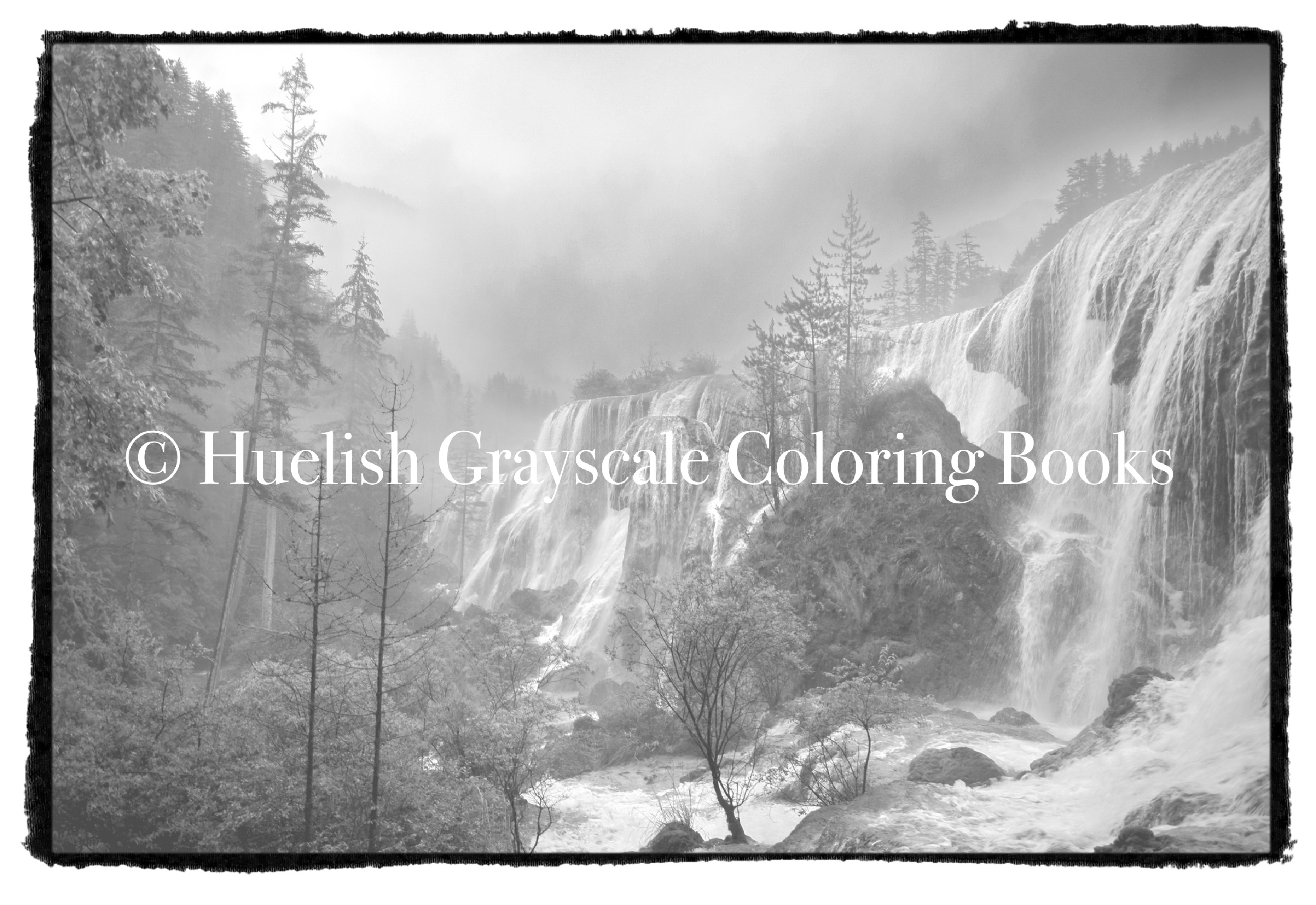 Downloadable grayscale coloring page waterfall landscape from beautiful nature