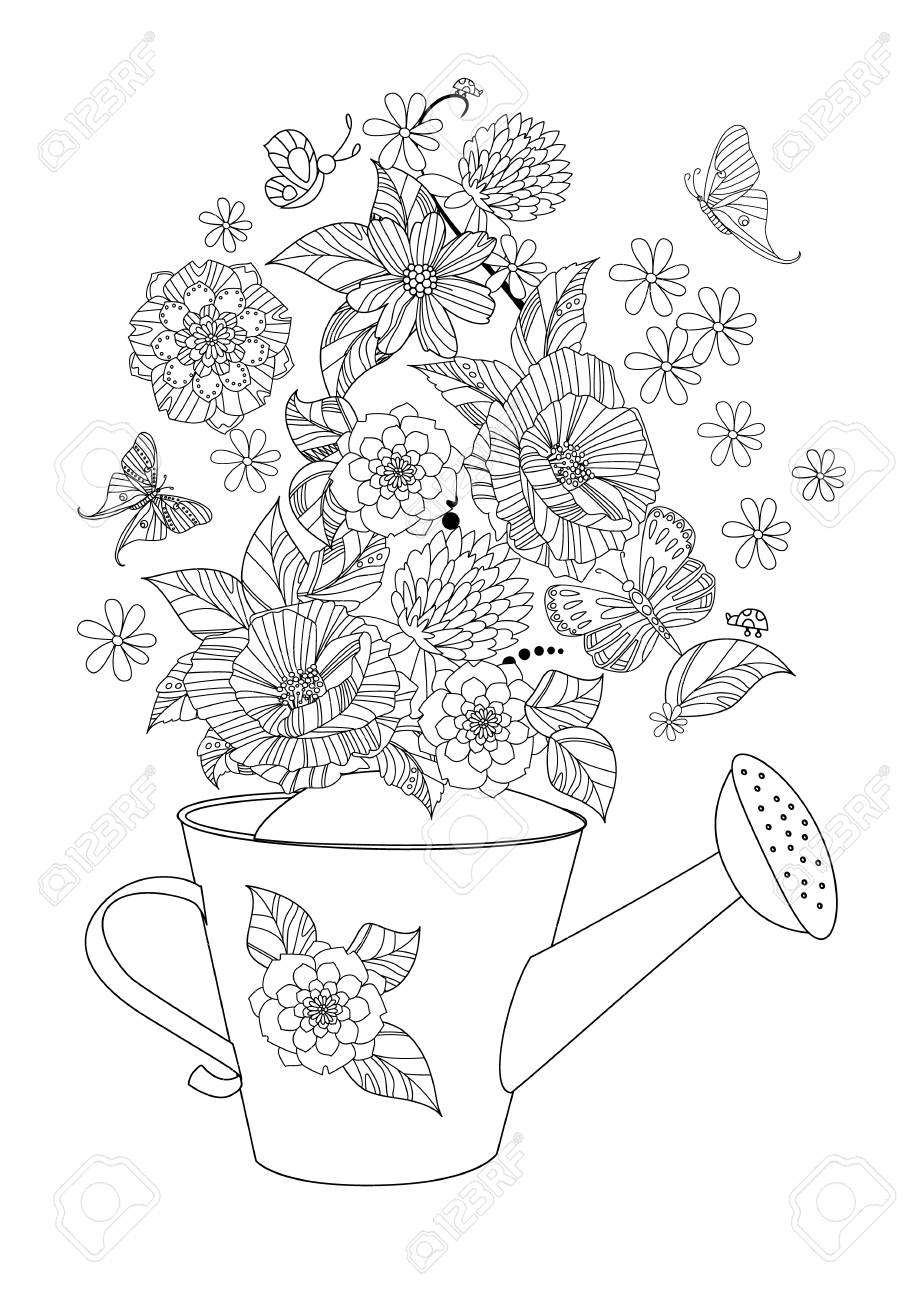 Lovely flowers arrangement in watering can for your coloring page royalty free svg cliparts vectors and stock illustration image