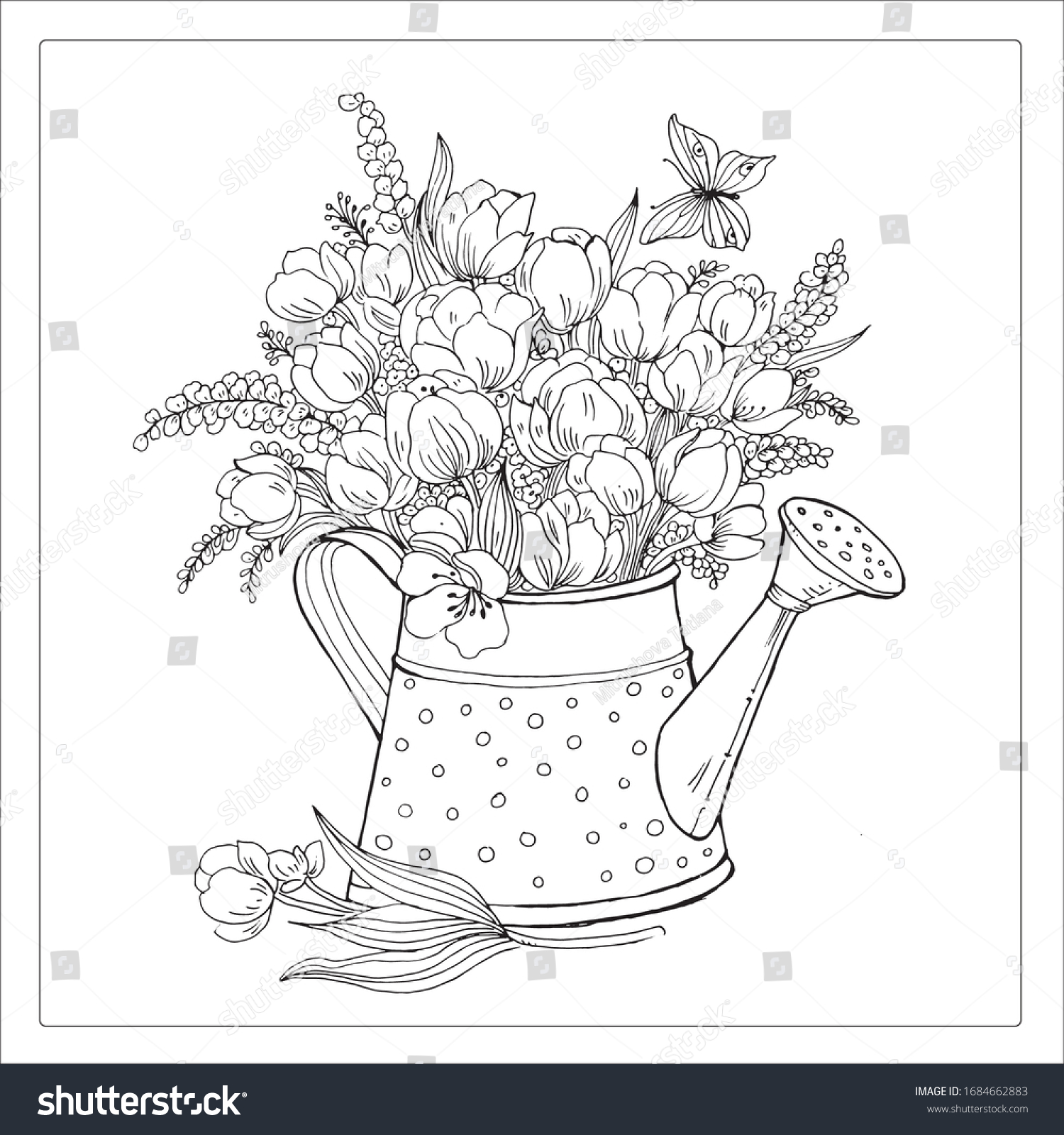 Bouquet tulips watering can illustration childrens stock vector royalty free