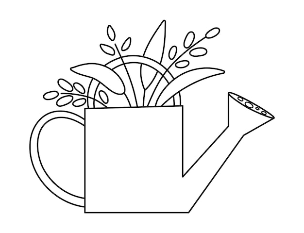 Premium vector vector cute black and white watering can with plants icon isolated on white background outline spring garden tool illustration funny gardening equipment picture or coloring page for kidsxa