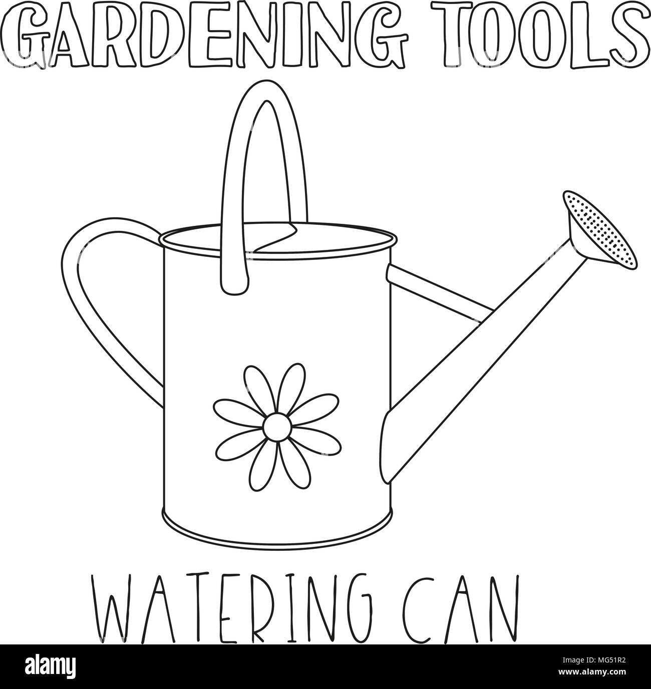 Line art black and white watering can coloring book page for adults and kids garden tool vector illustration for gift card certificate sticker badg stock vector image art