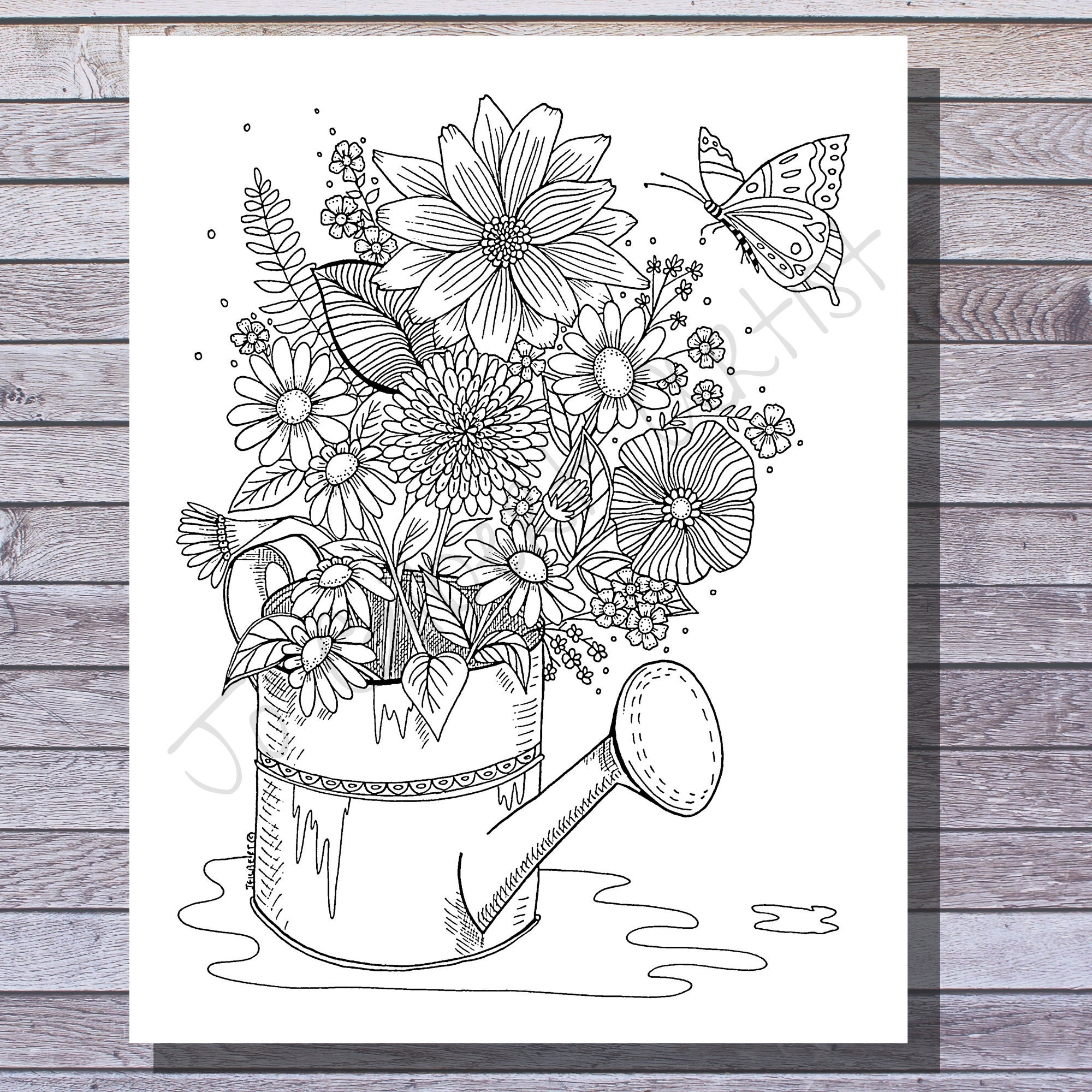 Printable coloring page flowers in a watering can floral spring coloring page instant download pdf jpeg pngs