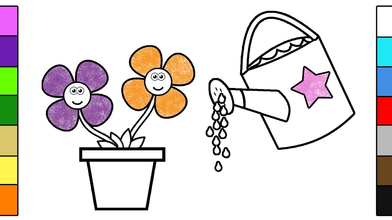 Watering can and flowers coloring pages