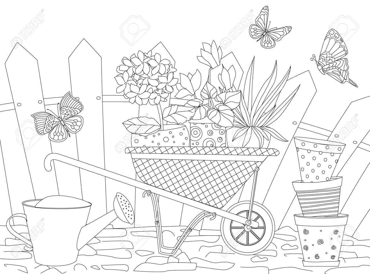 Hoseplants in wheelbarrow stack of flowerpots and watering can against fence for your coloring pages royalty free svg cliparts vectors and stock illustration image