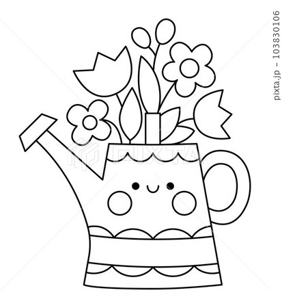 Vector black and white kawaii watering can with