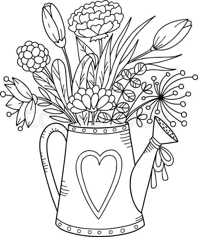 Garden watering can with a bouquet of flowers black and white vector illustration coloring book stock vector