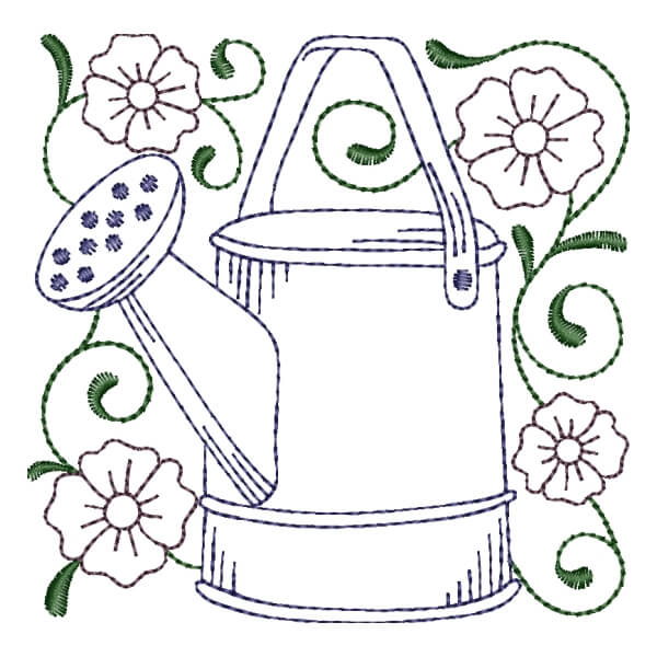 Contour garden watering can designs for embroidery machines