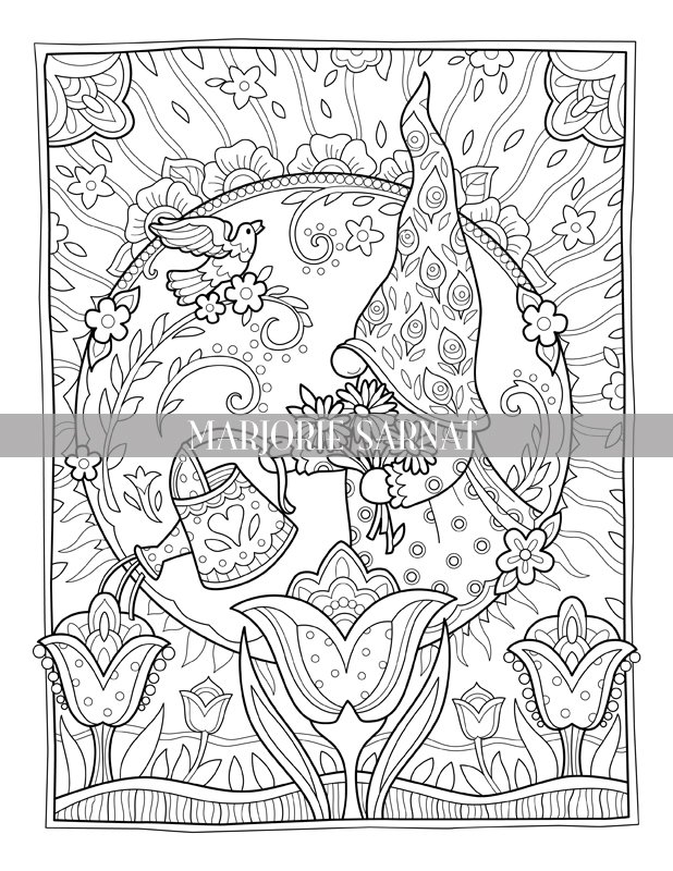 Gnome with a watering can â marjorie sarnat design illustration