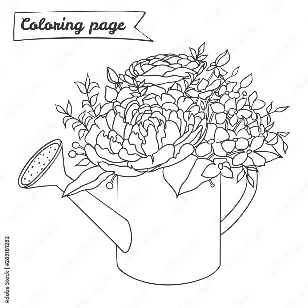 Coloring beautiful watering can with flowers vector illustration vector