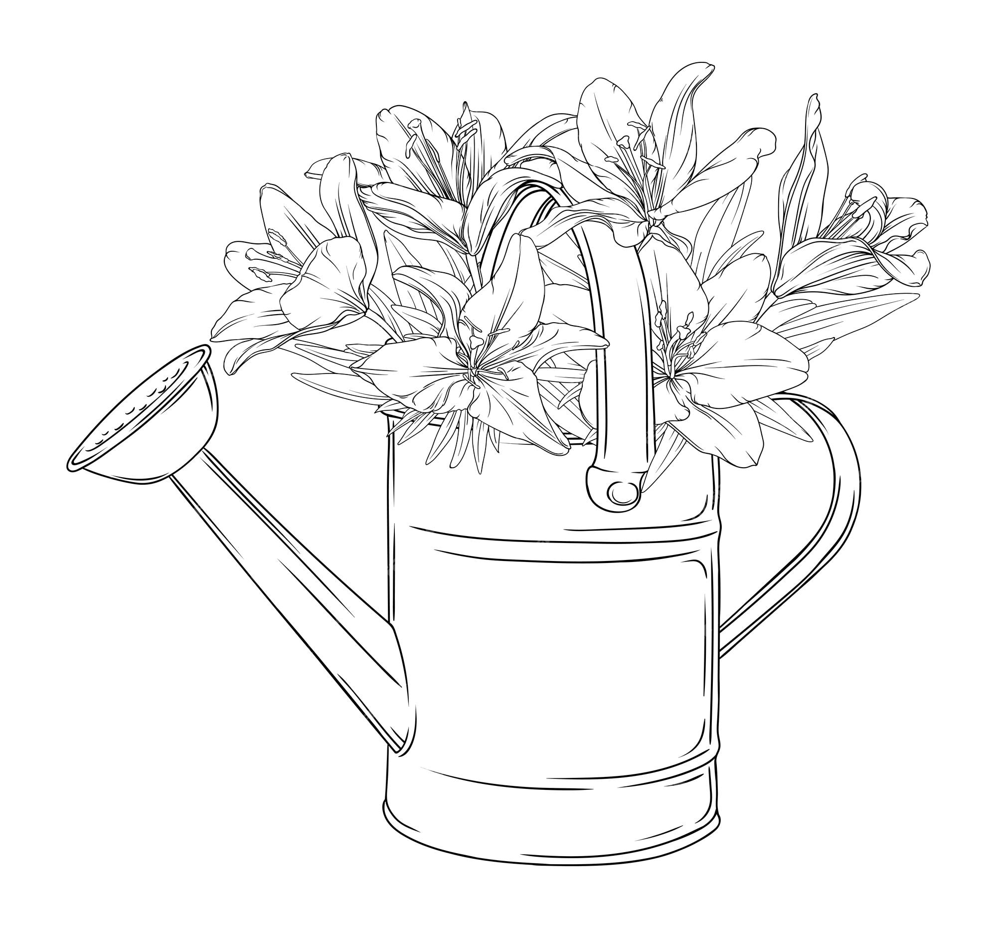 Premium vector black and white coloring book with a garden watering can and a bouquet of flowers