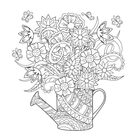 Hand drawn decorated image watering can with flower and herb zentangle style henna paisley flowers mehndi image for adult or children coloring page tatoo vector illustration