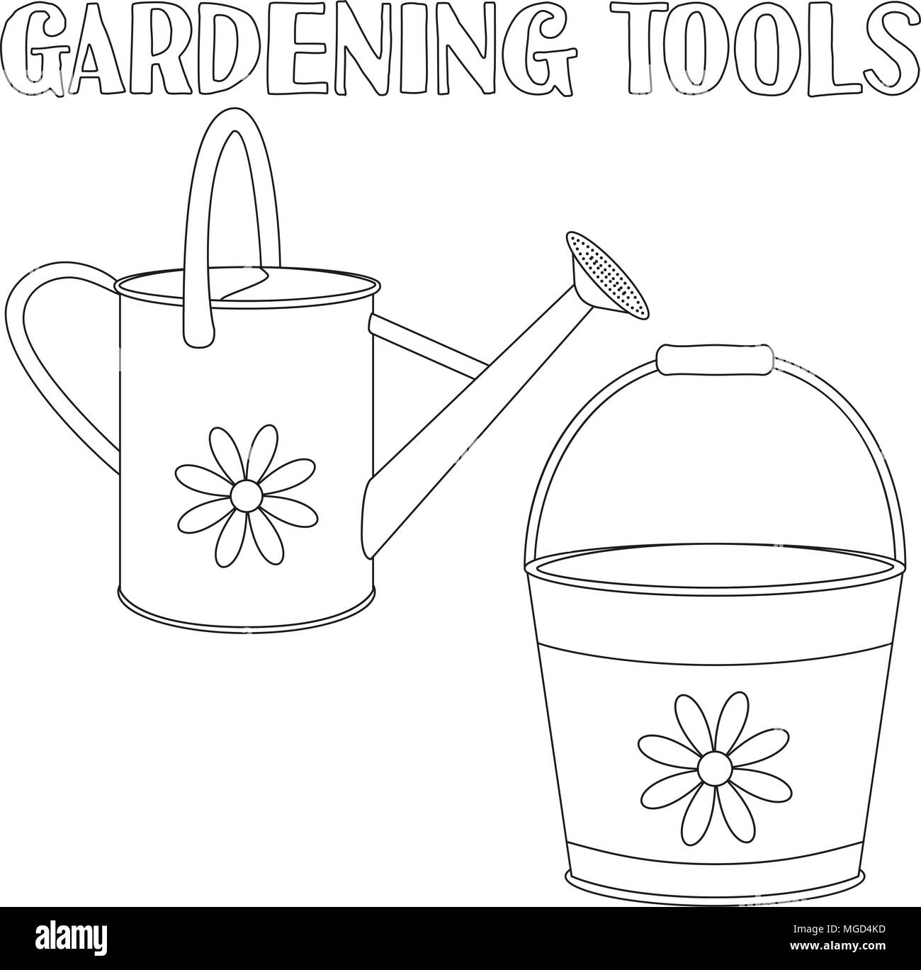 Line art black and white garden watering set bucket and watering can coloring book page for adults and kids gardening tool vector illustration for stock vector image art