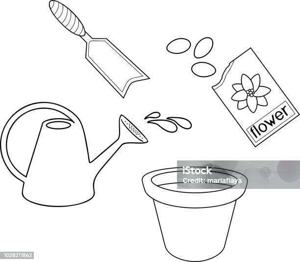 Coloring page planting tools stock illustration