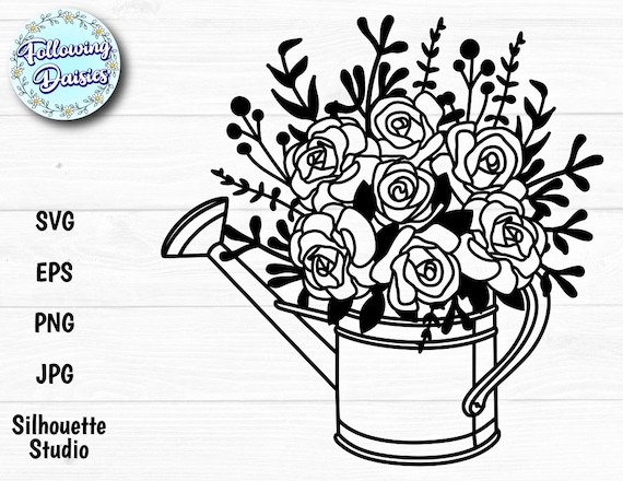 Watering can svg waterin can with flowers bouquet of roses instant download paper cut template svg files for cricut and silhouette