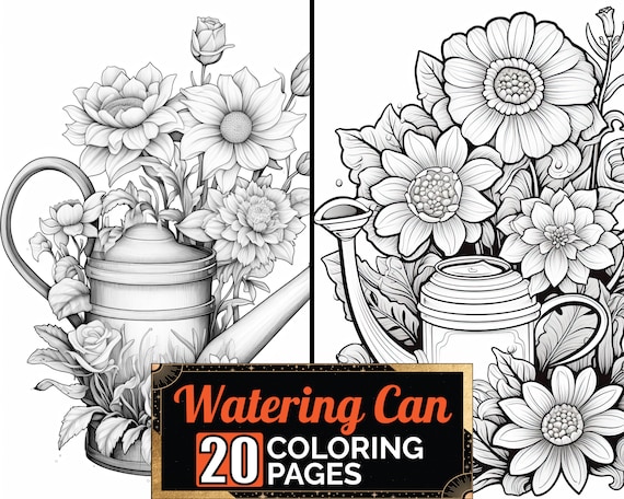 Flower watering can coloring book detail greyscale adult kids floral colouring page a size sheet printable digital pdf download download now