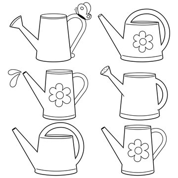 Watering cans set vector black and white coloring page vector