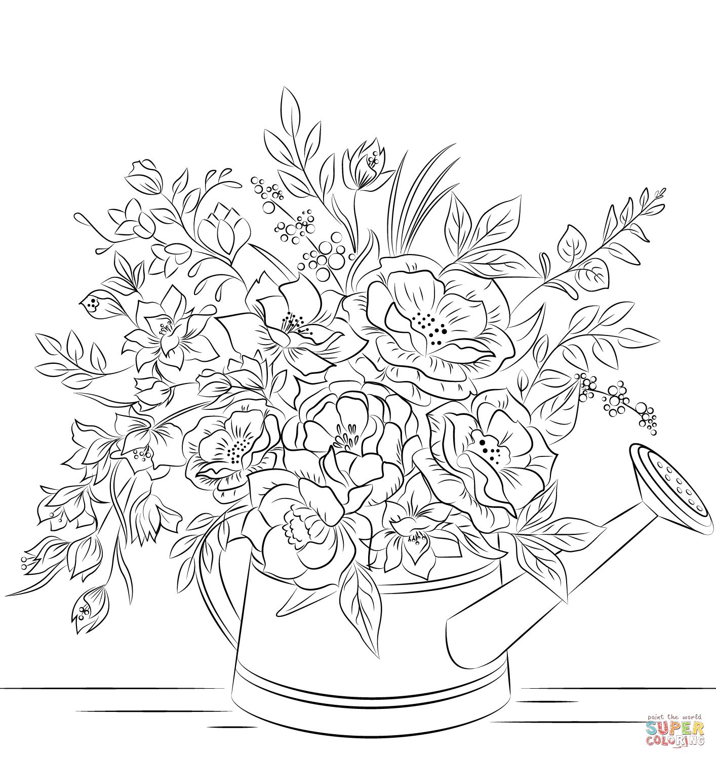 Flowers in watering can coloring page free printable coloring pages